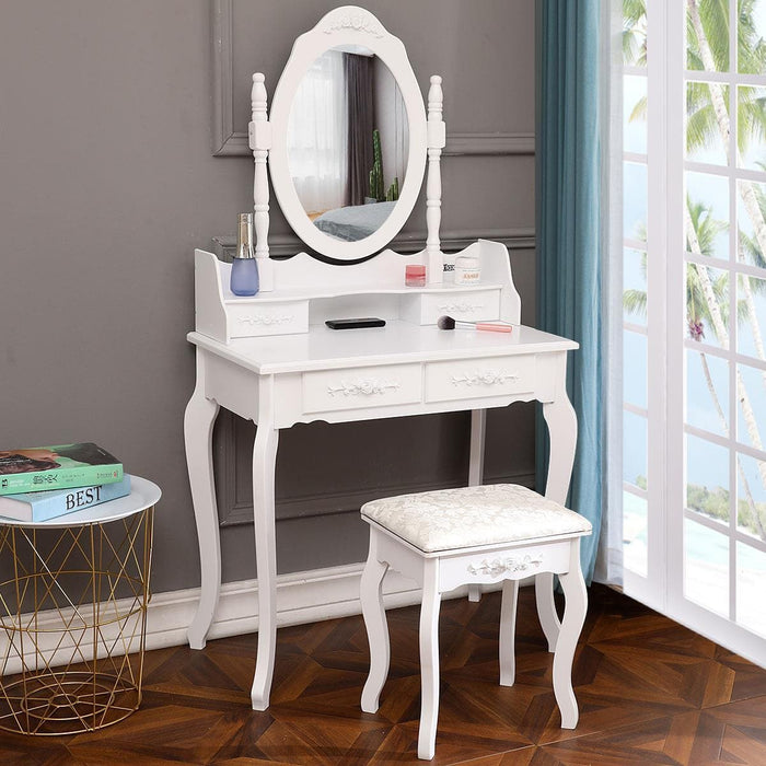 4 Drawers Vanity Dressing Desk Makeup Table and Stool Set Dresser with Mirror