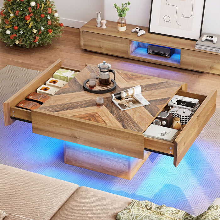 Square LED Coffee Table with 2 Drawers Modern Sofa Center Table for Living Room