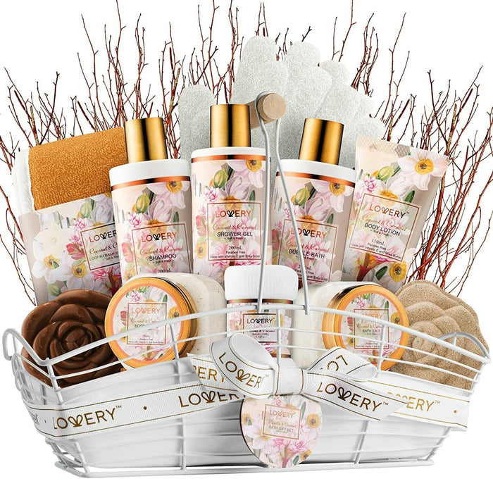 Christmas Spa Gift Baskets for Women – 13pc Coconut Caramel Self Care Basket
