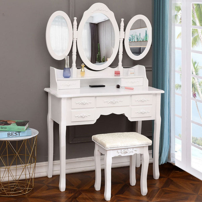 Bedroom Vanity Makeup Dressing Table With Mirror Jewelry Desk With 7 Drawers