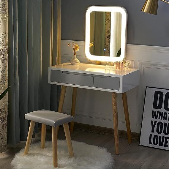 Dressing Table Makeup White Vanity Desk Stool Set with LED Mirror 2 Drawers