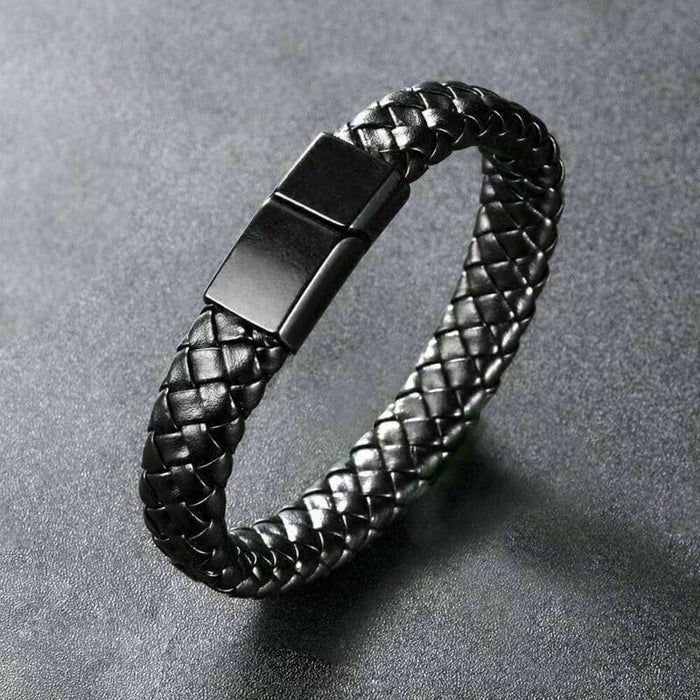 Black Men's Braided Leather Stainless Steel Cuff Bangle Bracelet Wristband