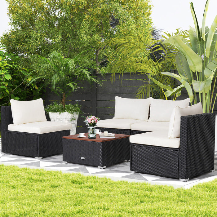 5PCS Rattan Patio Conversation Sofa Set Outdoor Furniture Set w/ Off White