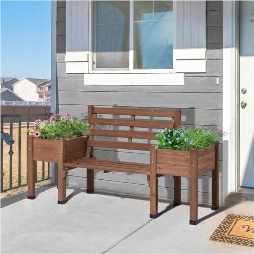 Outdoor Solid Wood Bench with Double Planter Boxes Indoor for Patio/ Backyard
