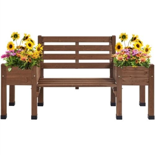 Outdoor Solid Wood Bench with Double Planter Boxes Indoor for Patio/ Backyard