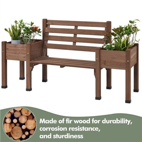Outdoor Solid Wood Bench with Double Planter Boxes Indoor for Patio/ Backyard