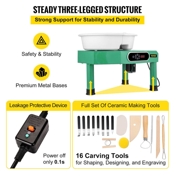 VEVOR Pottery Wheel Ceramic Wheel LCD Display w/Foot Pedal Sculpting Tools Green
