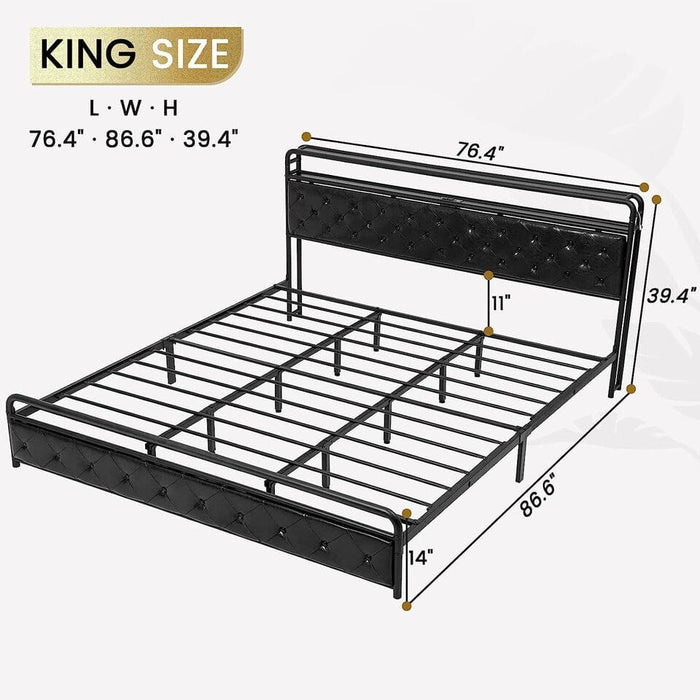 Faux Leather King Size Platform Bed Frame with Power Outlets & USB Ports Black