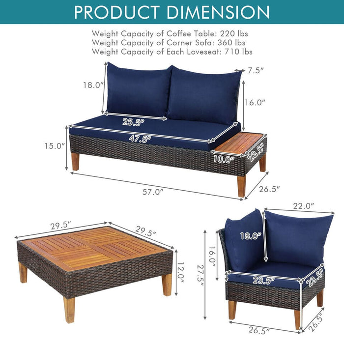 4PCS Patio Rattan Furniture Set Cushioned Loveseat w/Wooden Side Table Navy