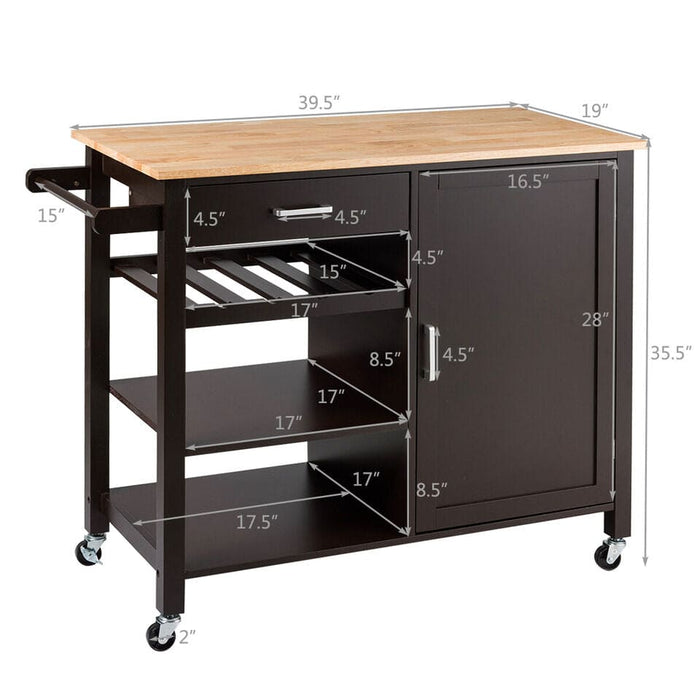 4-Tier Wood Kitchen Island Trolley Cart Storage Cabinet w/ Wine Rack & Drawer