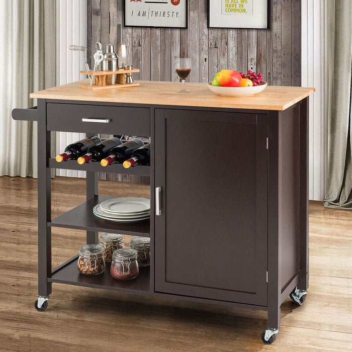 4-Tier Wood Kitchen Island Trolley Cart Storage Cabinet w/ Wine Rack & Drawer