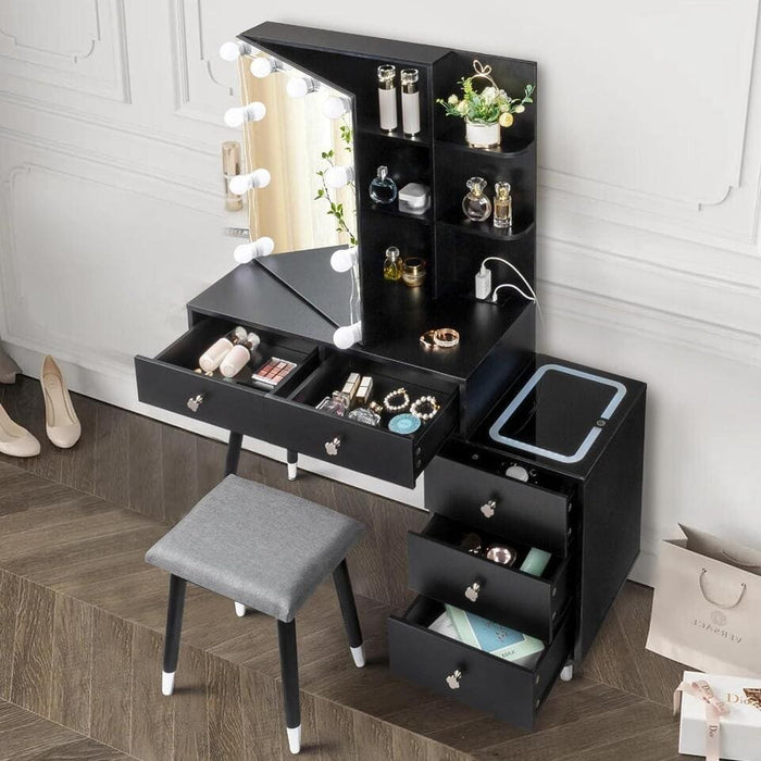 10 Lighted Mirror Vanity Makeup Dressing Table w/ LED Mirror Top Nightstand Set