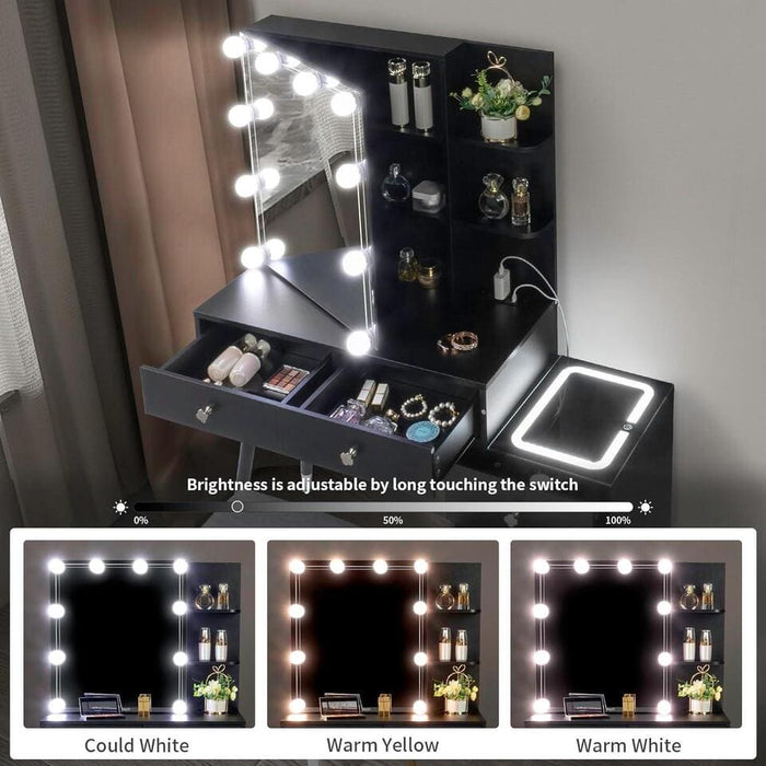 10 Lighted Mirror Vanity Makeup Dressing Table w/ LED Mirror Top Nightstand Set