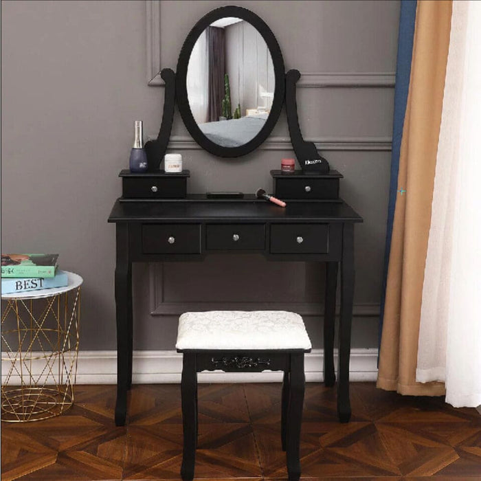 Vanity Table Set with Dressing Mirror & Stool Makeup Vanity Desk with 5 Drawers