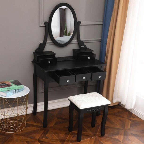 Vanity Table Set with Dressing Mirror & Stool Makeup Vanity Desk with 5 Drawers