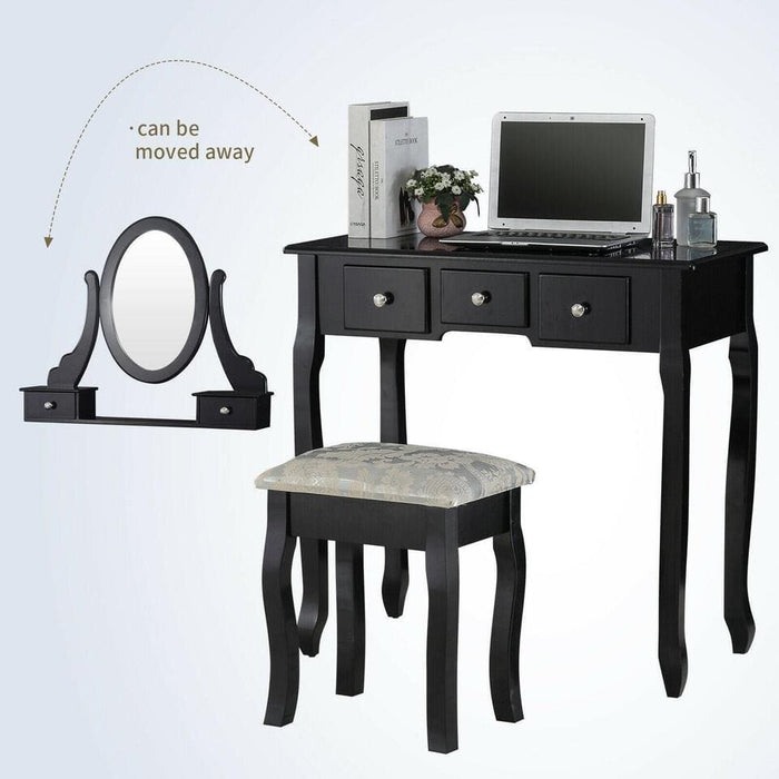 Vanity Table Set with Dressing Mirror & Stool Makeup Vanity Desk with 5 Drawers