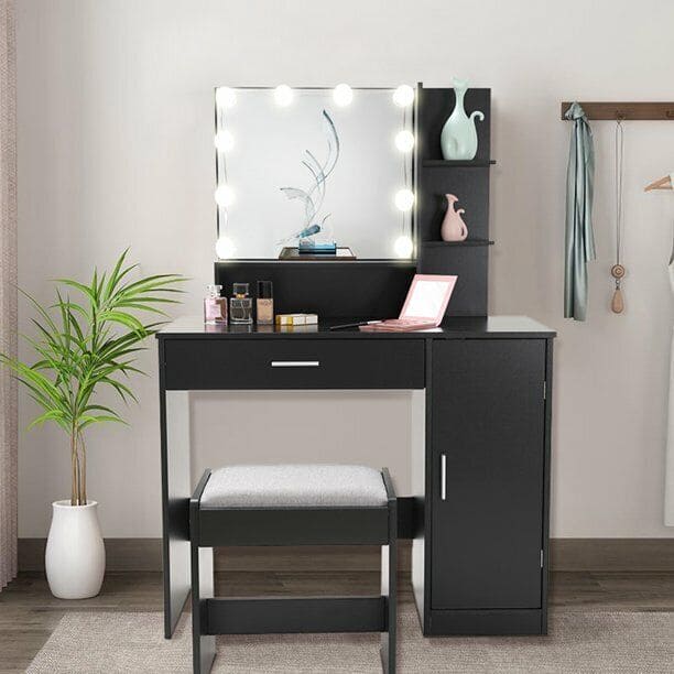 Vanity Set with 10 LED Lighted Mirror Makeup Dressing Table Dresser Desk Black
