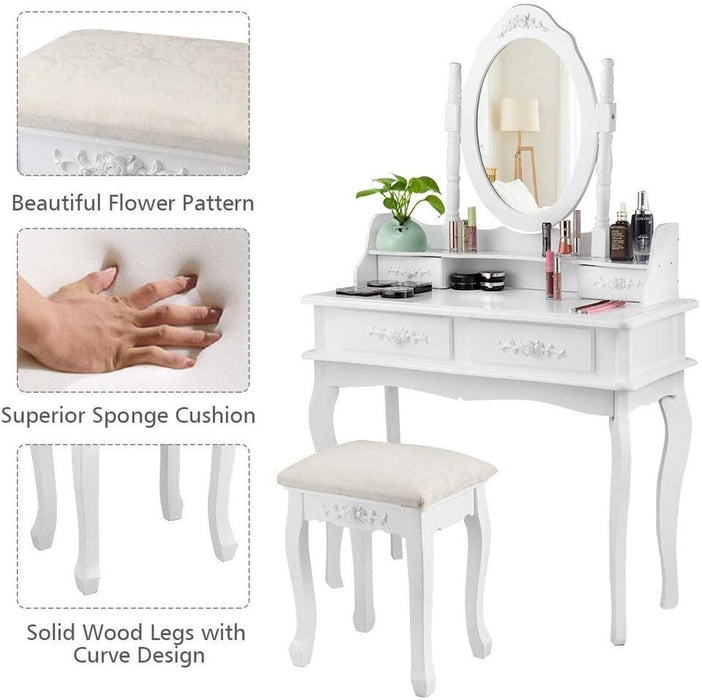 4 Drawers Vanity Dressing Desk Makeup Table and Stool Set Dresser with Mirror