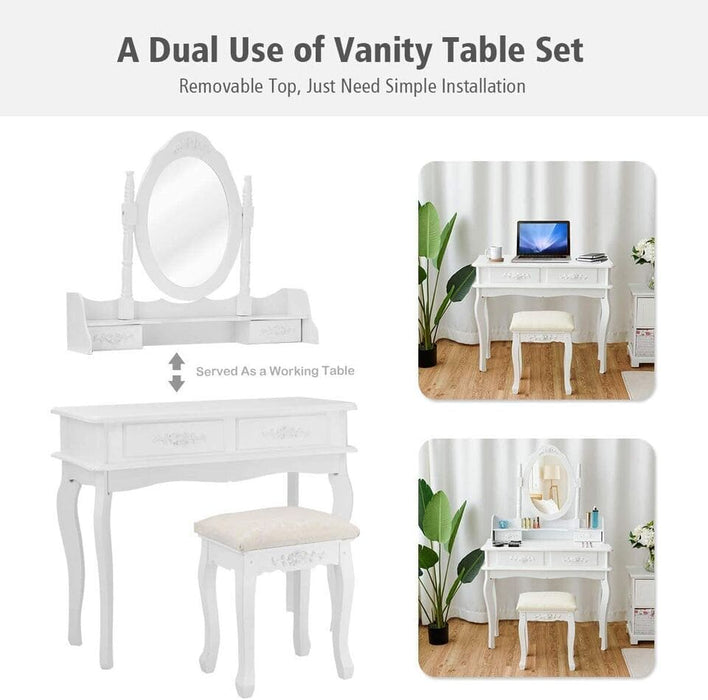 4 Drawers Vanity Dressing Desk Makeup Table and Stool Set Dresser with Mirror