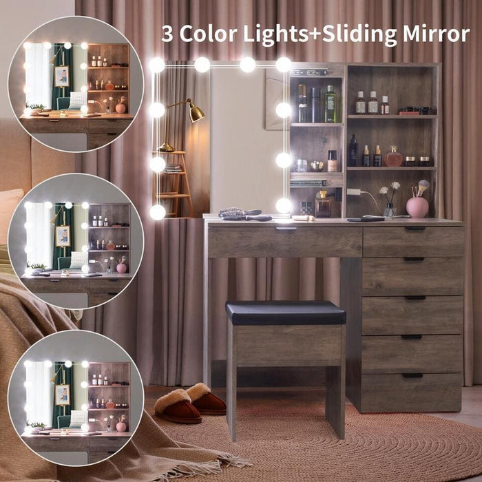 10 Led Lighted Makeup Mirror Vanity Table Set 6 Drawer with Charging Station