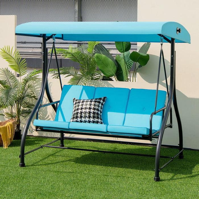 3-Seat Outdoor Converting Patio Swing Glider Adjustable Canopy Porch Swing Blue