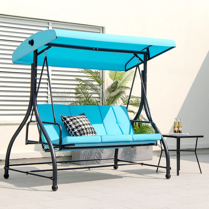 3-Seat Outdoor Converting Patio Swing Glider Adjustable Canopy Porch Swing Blue