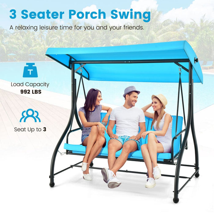 3-Seat Outdoor Converting Patio Swing Glider Adjustable Canopy Porch Swing Blue