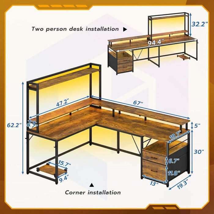 L Shaped Desk with File Drawer Corner Home Office Computer Desk LED Gaming Desk