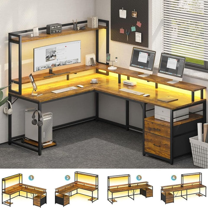 L Shaped Desk with File Drawer Corner Home Office Computer Desk LED Gaming Desk