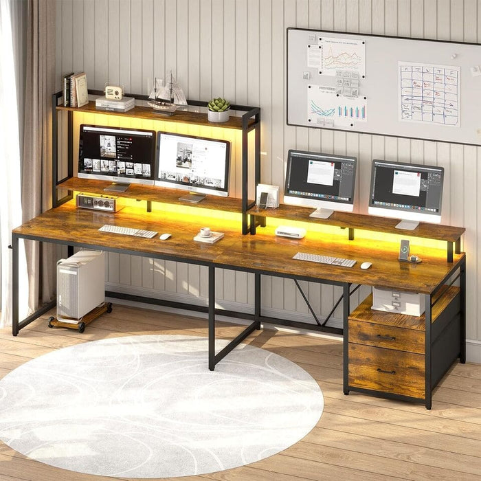 L Shaped Desk with File Drawer Corner Home Office Computer Desk LED Gaming Desk