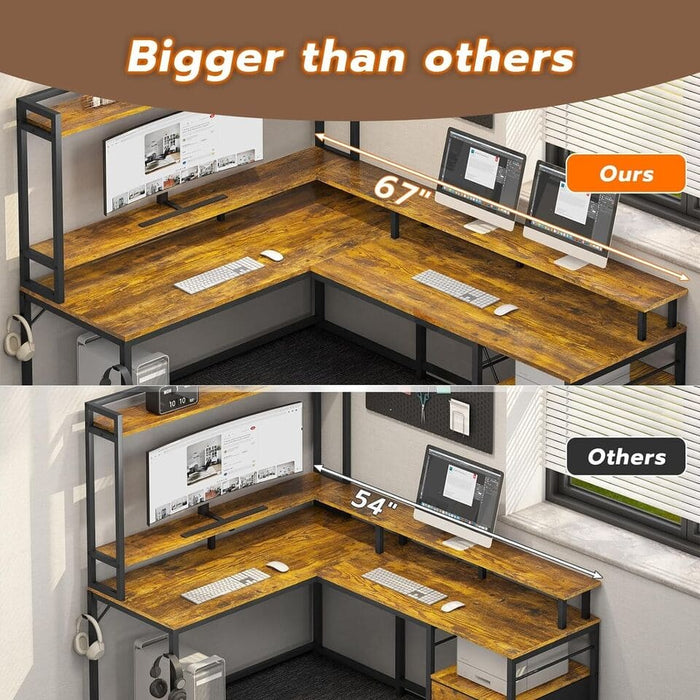 L Shaped Desk with File Drawer Corner Home Office Computer Desk LED Gaming Desk