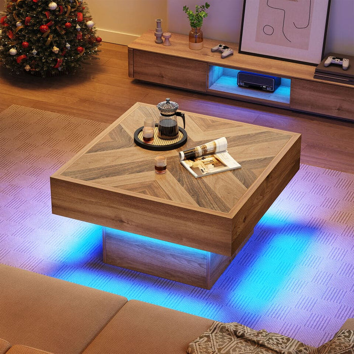 Square LED Coffee Table with 2 Drawers Modern Sofa Center Table for Living Room