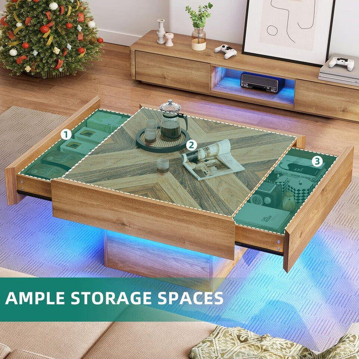 Square LED Coffee Table with 2 Drawers Modern Sofa Center Table for Living Room