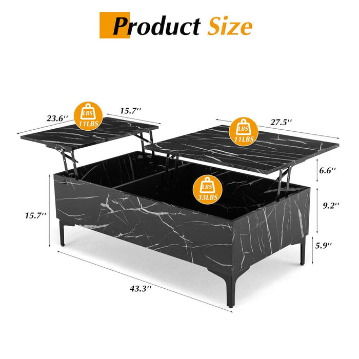 Black High Gloss Marble Veneer Lift Top Coffee Table Rectangle w/Storage Home