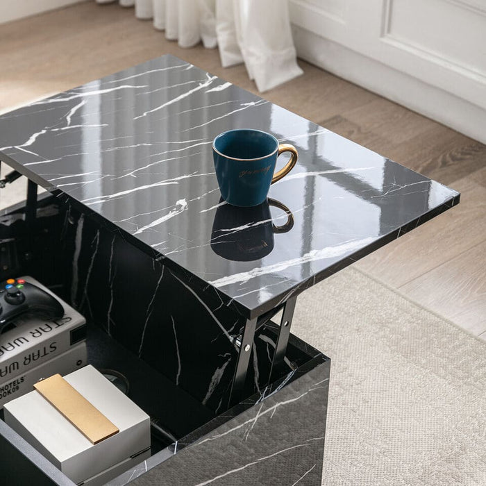 Black High Gloss Marble Veneer Lift Top Coffee Table Rectangle w/Storage Home