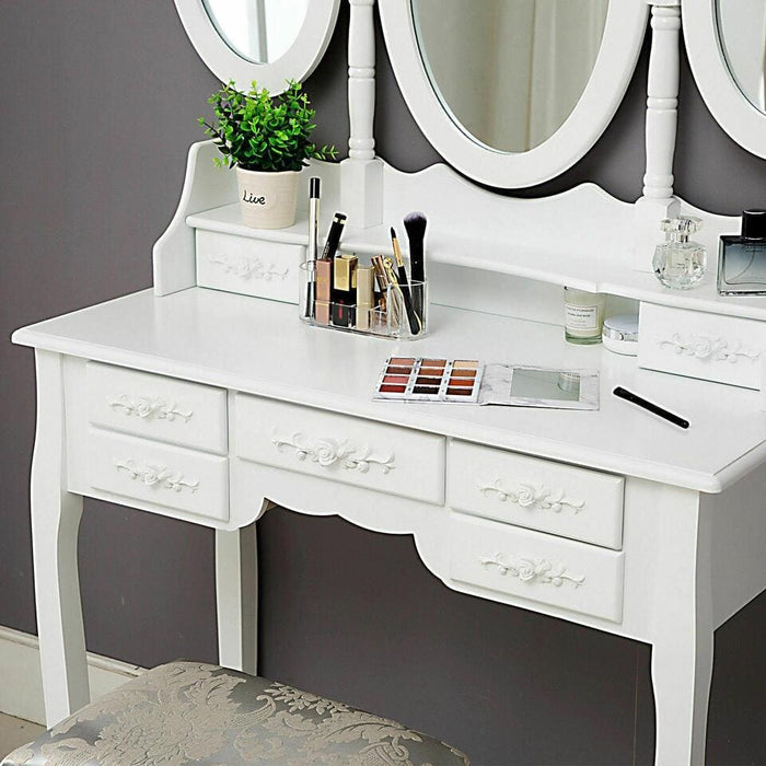 Bedroom Vanity Makeup Dressing Table With Mirror Jewelry Desk With 7 Drawers