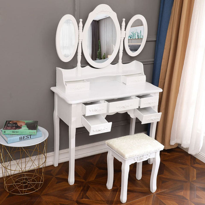 Bedroom Vanity Makeup Dressing Table With Mirror Jewelry Desk With 7 Drawers