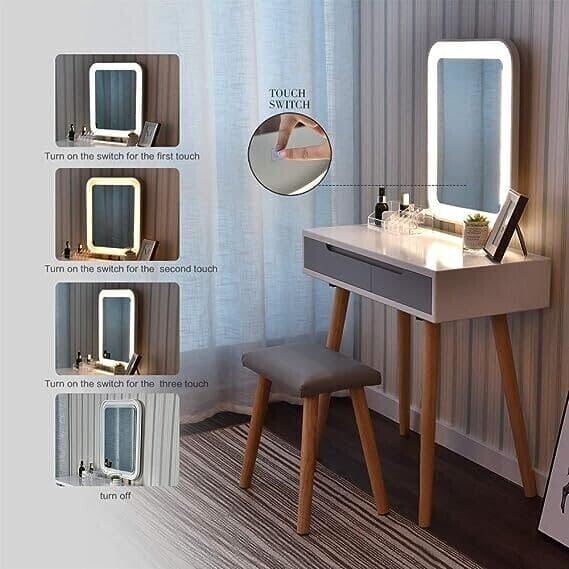 Dressing Table Makeup White Vanity Desk Stool Set with LED Mirror 2 Drawers