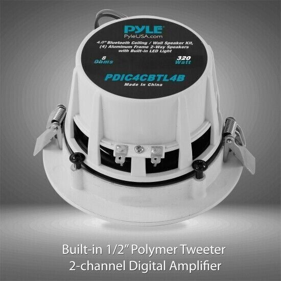 Pyle 4’’ Bluetooth Ceiling/Wall Speakers, 4 2-Way Speakers w/ Built-in LED Light