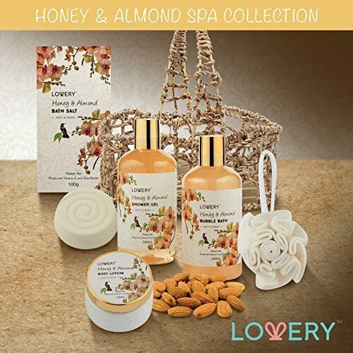 Home Spa Gift Basket - Honey & Almond Scent - Bath and Body Spa Set for Women