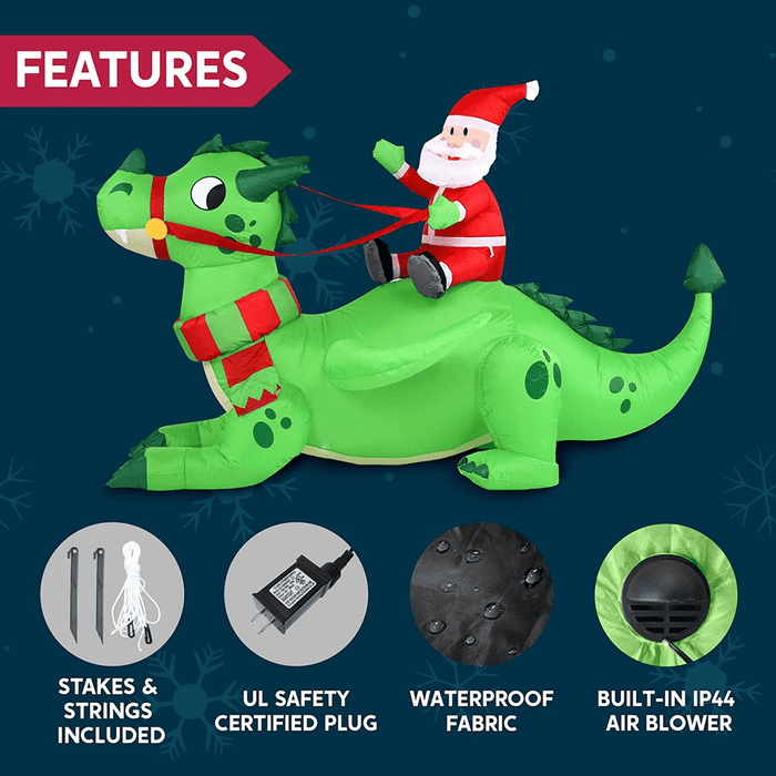 Joiedomi 6 FT Long Christmas Dragon Inflatable Long Santa Riding a Green Dragon