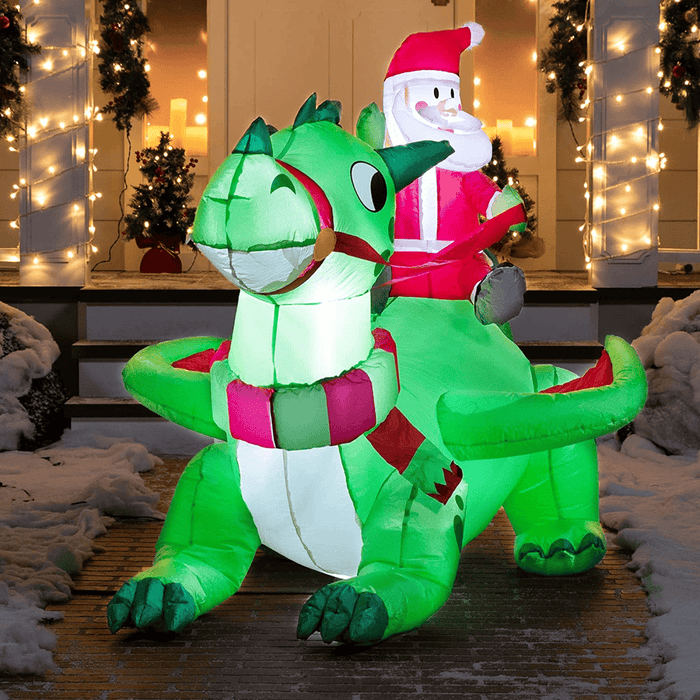 Joiedomi 6 FT Long Christmas Dragon Inflatable Long Santa Riding a Green Dragon