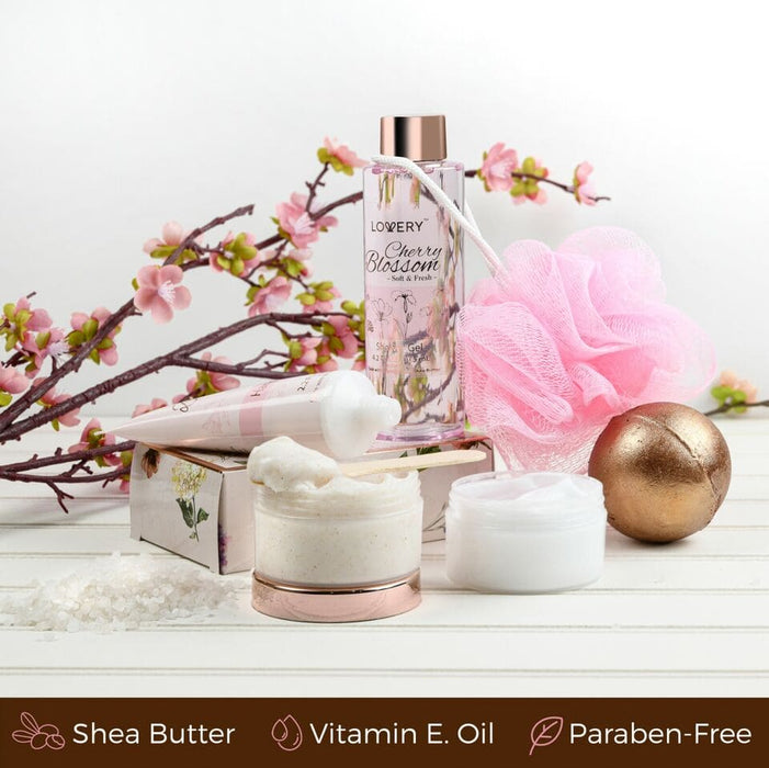 Bath and Body Gift Basket For Women – Cherry Blossom Home Spa Set