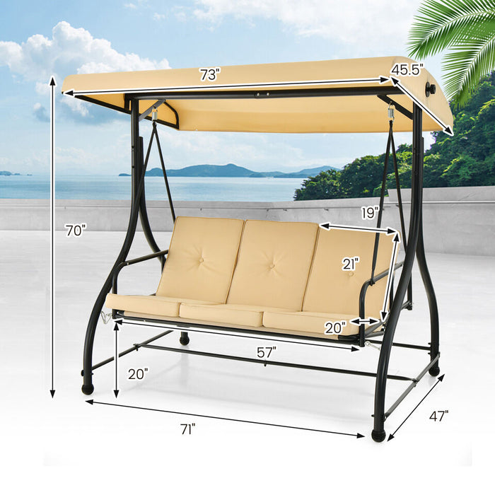 3-Seat Outdoor Converting Patio Swing Glider Adjustable Canopy Porch Swing Beige