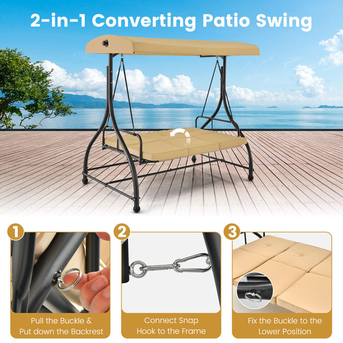 3-Seat Outdoor Converting Patio Swing Glider Adjustable Canopy Porch Swing Beige