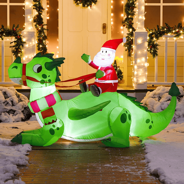Joiedomi 6 FT Long Christmas Dragon Inflatable Long Santa Riding a Green Dragon