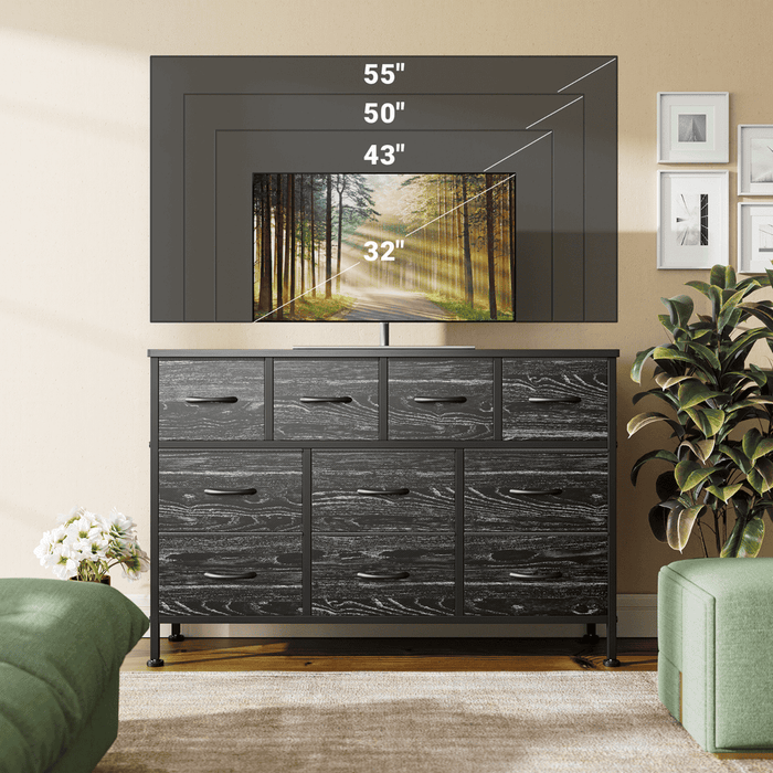 10 Drawer Dresser 43" TV Stand with Power Outlet Chest of Drawers Storage Black