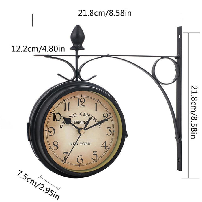 Double Sided Hanging Clock Iron Station Retro Bracket Mounted Battery Powered