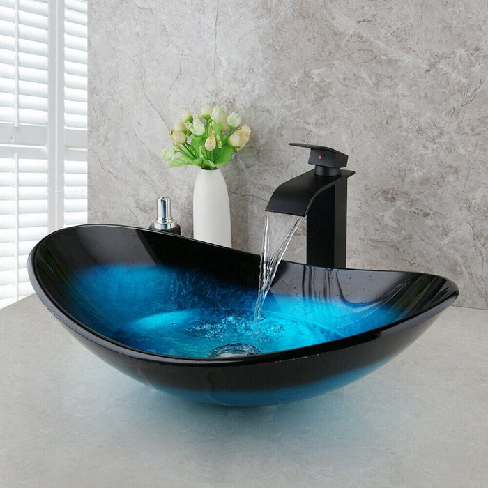Bathroom Blue Oval Glass Vanity Basin Bowl Vessel Sink Mixer Black Faucet