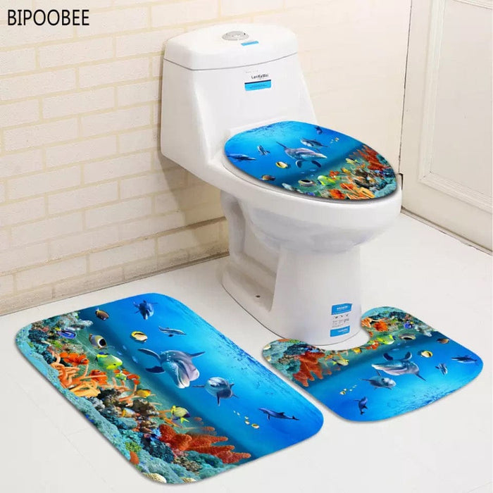 4pcs Sea Dolphins Shower Curtain Bathroom Rug Set Bath Toilet Cover Mat Non-Slip